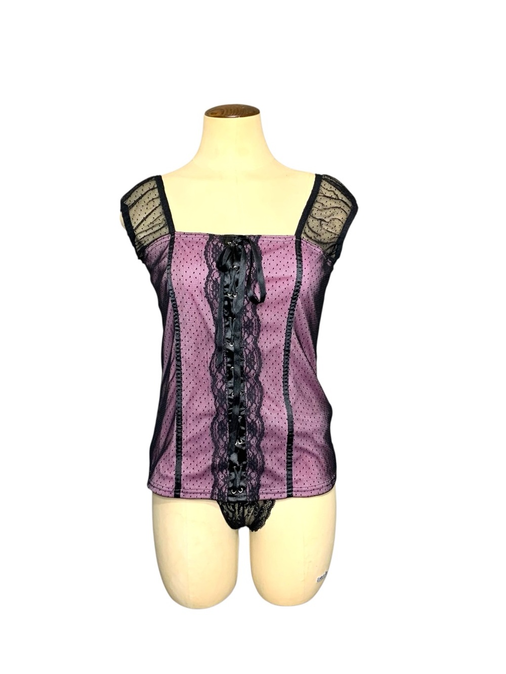 Vintage Hamilton Gold Mesh Top Pantie Set Lace-Trim Purple Black XL Romantic